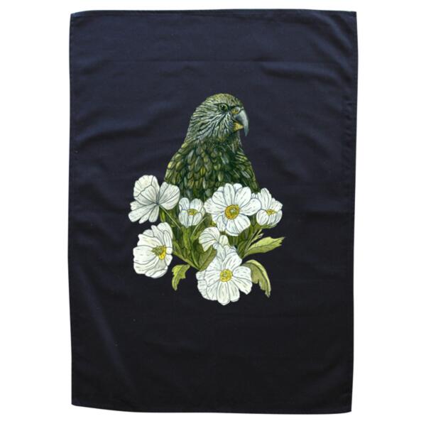Kea + Mt Cook Buttercup - Black Tea Towel Thumbnail