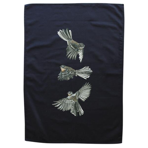 Fantails in Flight - Black Tea Towel Thumbnail